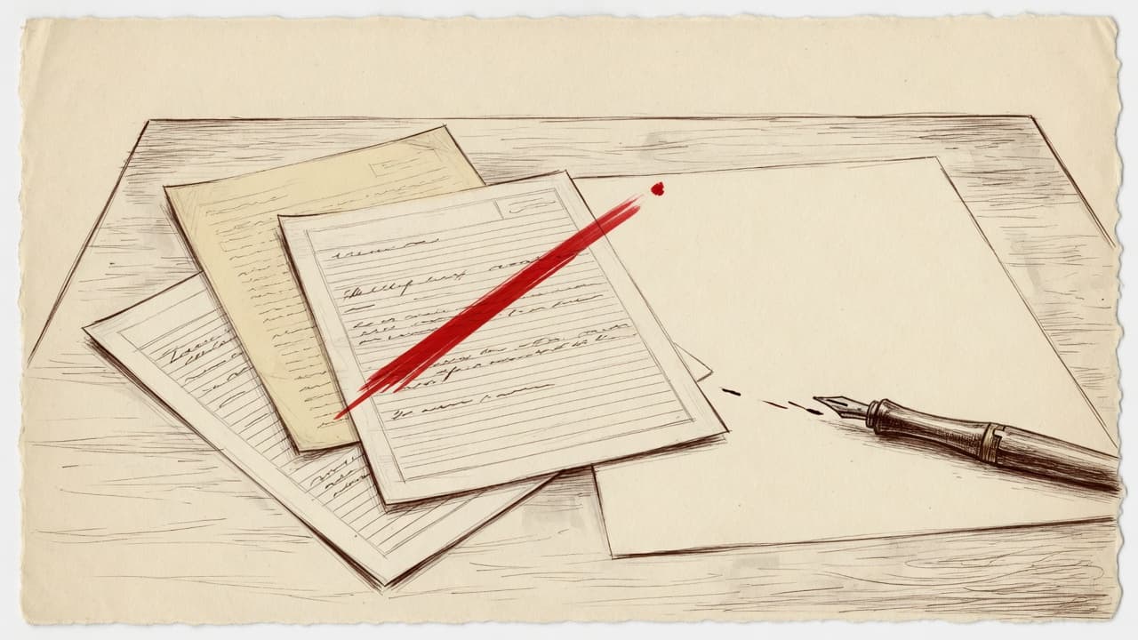 Ink drawing of three papers on a clerk’s desk, one struck through in red