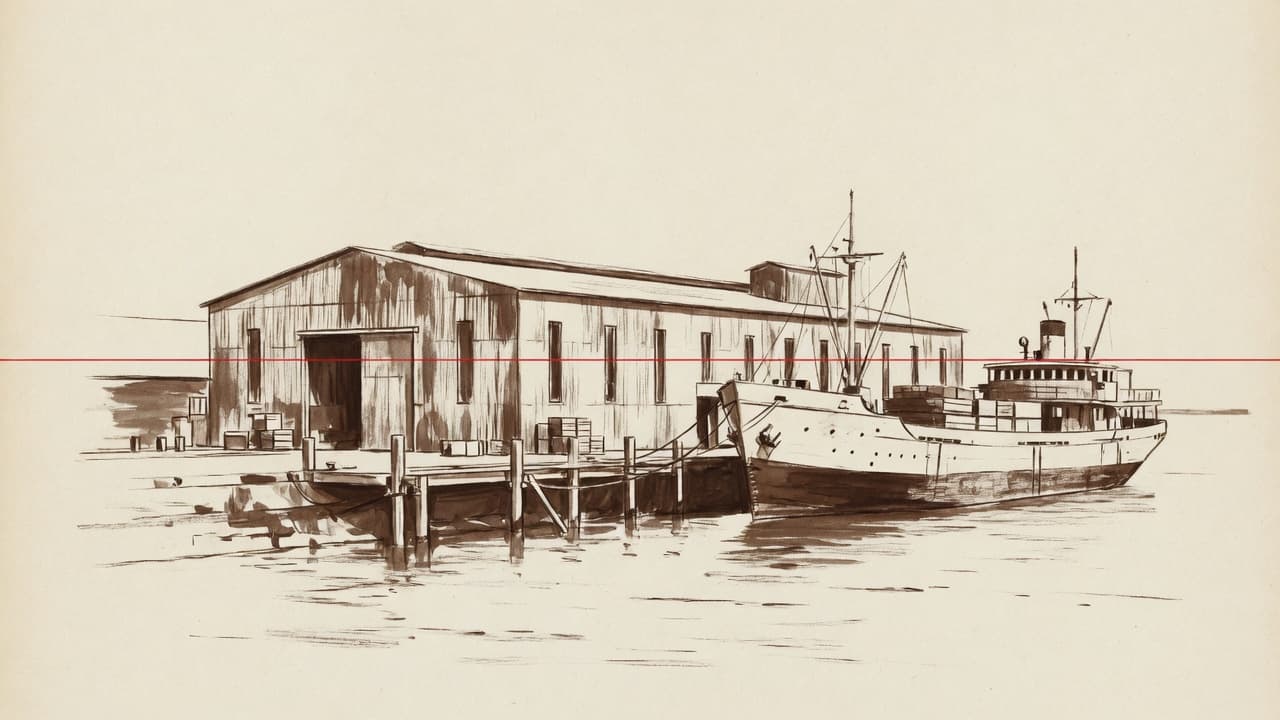Ink drawing of a warehouse and cargo ship at a dock, a thin red horizon line