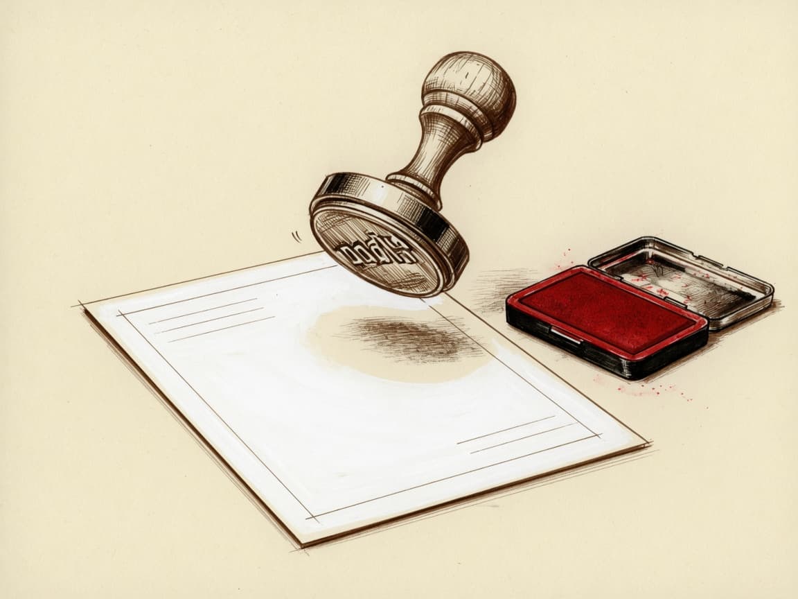Ink drawing of a hand-stamp above a document